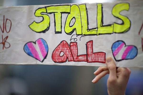 Protestors demonstrate during a rally against the transgender bathroom rights repeal at Thomas Paine Plaza February 25, 2017 in Philadelphia, Pennsylvania