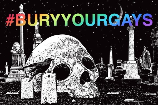 A #buryyourgays hashtag over a black and white drawing of a cemetery