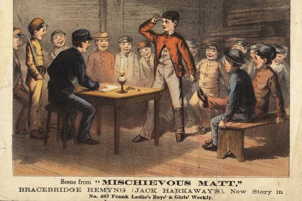 Scene from 'Mischievous Matt,' Bracebridge Hemyng (Jack Harkway's), new story in No. 487 Frank Leslie's Boys' and Girls' Weekly
