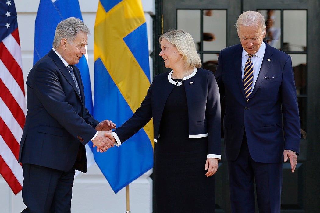 Finland's President Sauli Niinisto (L) greets Sweden's Prime Minister Magdalena Andersson as they are welcomed to the White House by U.S. President Joe Biden on May 19, 2022 in Washington, DC.