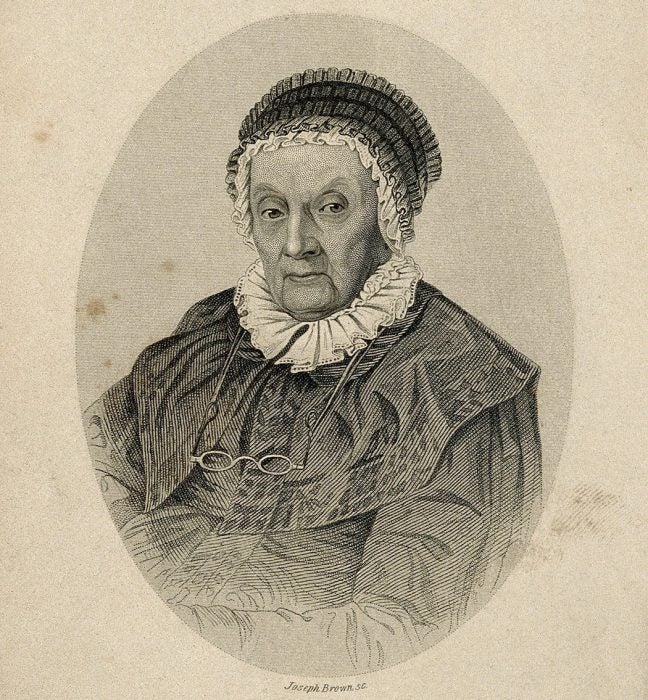 Caroline Herschel, aged 92. Stipple engraving by J. Brown.