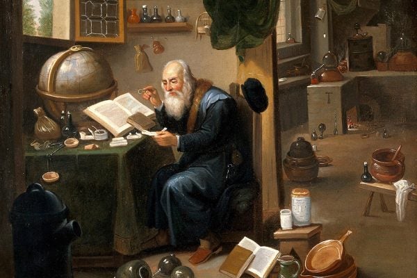 An alchemist in his laboratory. Oil painting by a follower of David Teniers the younger.