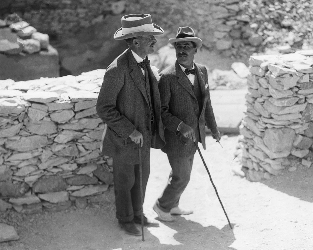 English Egyptologist Howard Carter walks with the patron of his research, archaeologist and 5th Earl, Lord Carnarvon George Herbert at the Valley of the Kings excavation site, Egypt. 