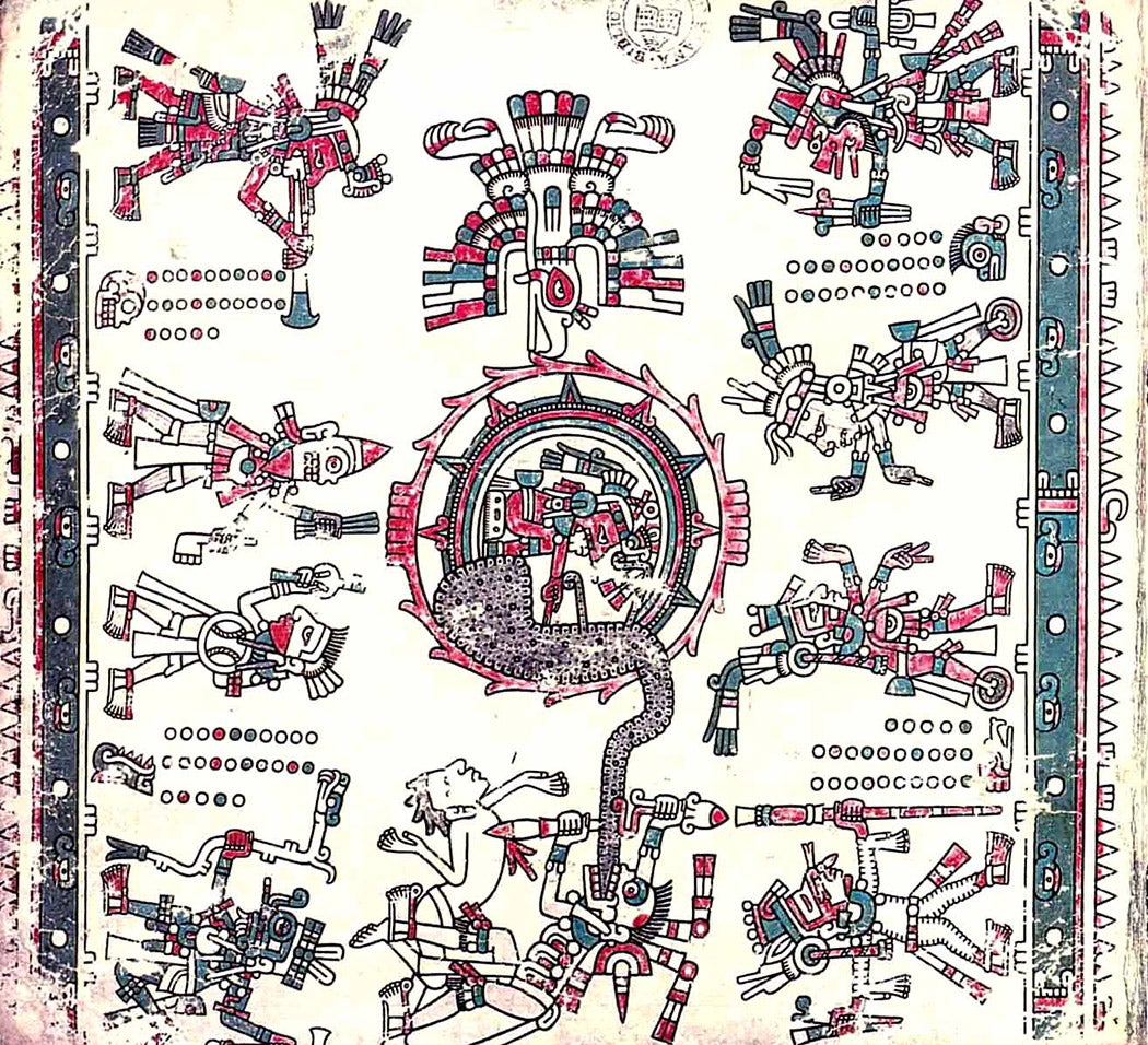 Page 1 of the Codex Loud depicting an eagle touching its beak to a ring of blood circumscribing the solar disk