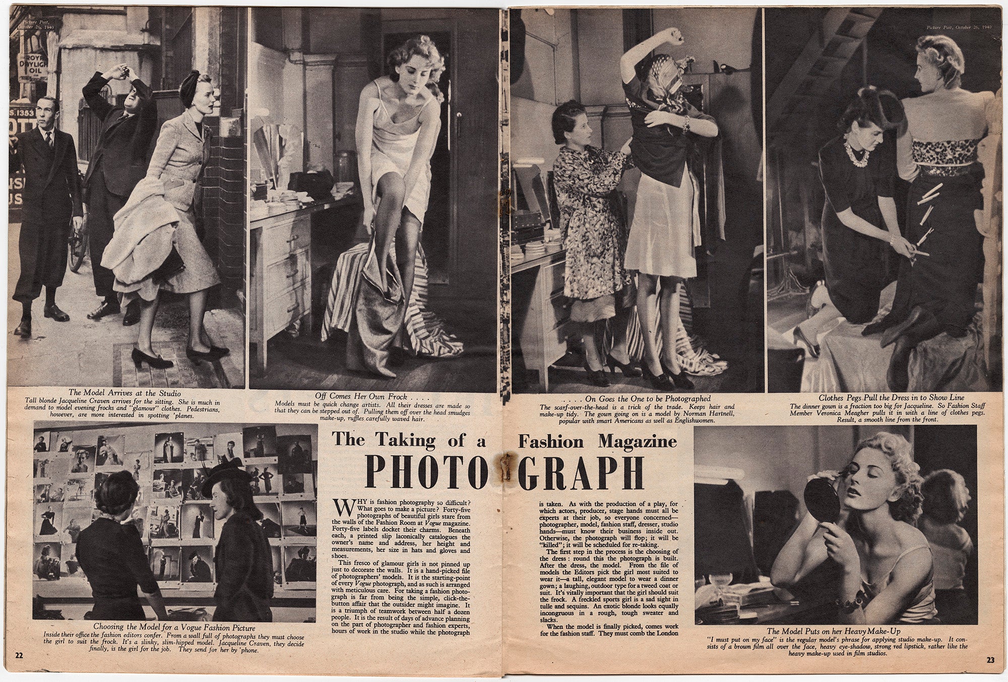 A feature in the October 26th, 1940 edition of Picture Post magazine following the progress of a fashion shoot for Vogue magazine by Lee Miller 