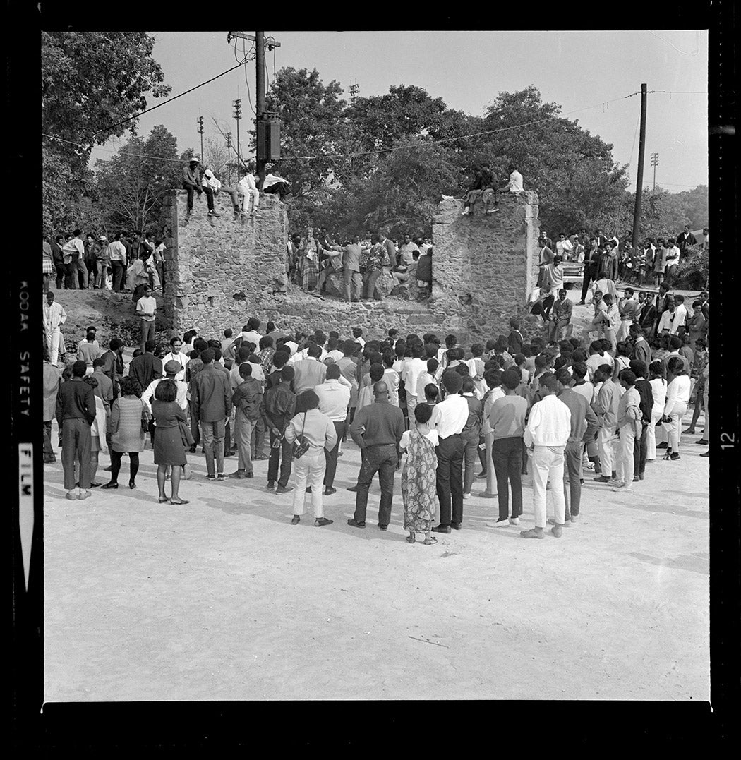 Group of people at Elma Lewis Playhouse at rally in Franklin Park, 1968