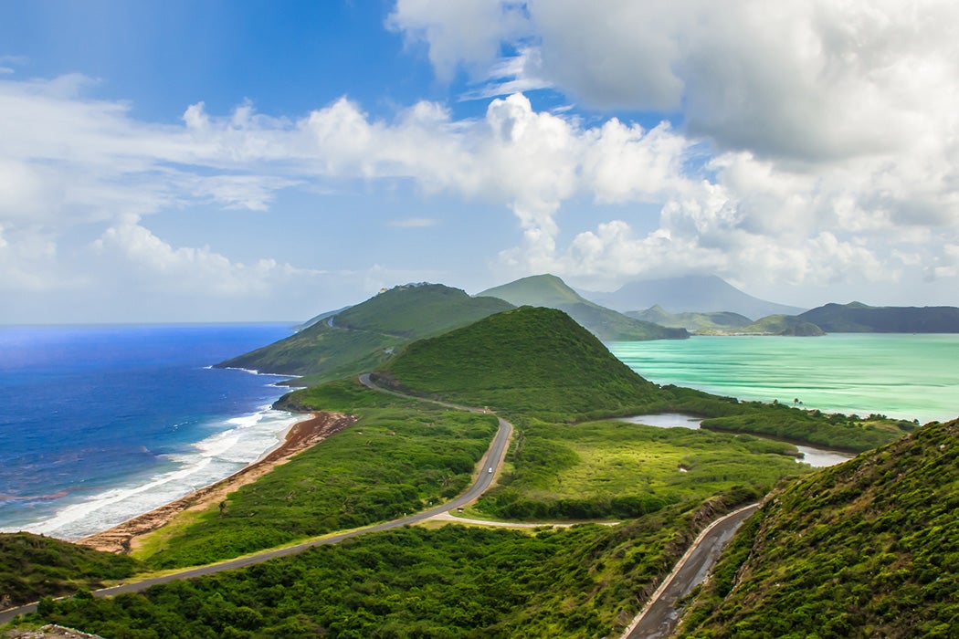 Bright and colorful land- and seasape of St Kitts and Nevis.