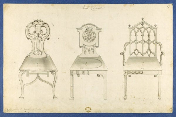 A drawing of three chairs by Thomas Chippendale