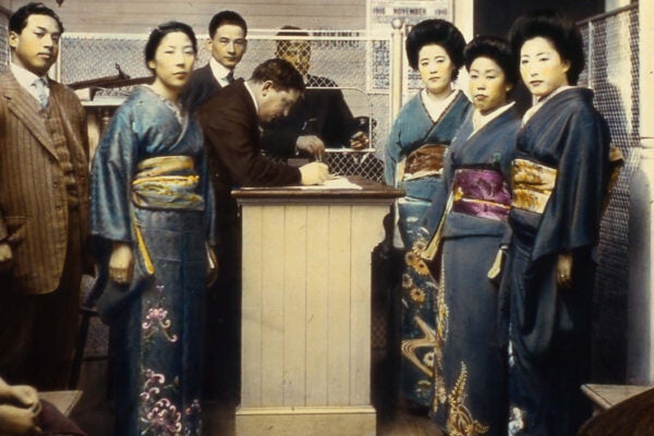 Japanese "picture brides" being processed after arriving at Angel Island, California, c. 1910