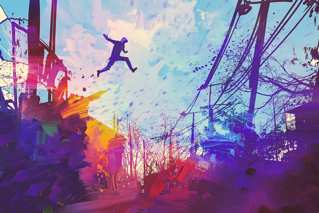 man jumping on the roof in city with abstract grunge,illustration painting