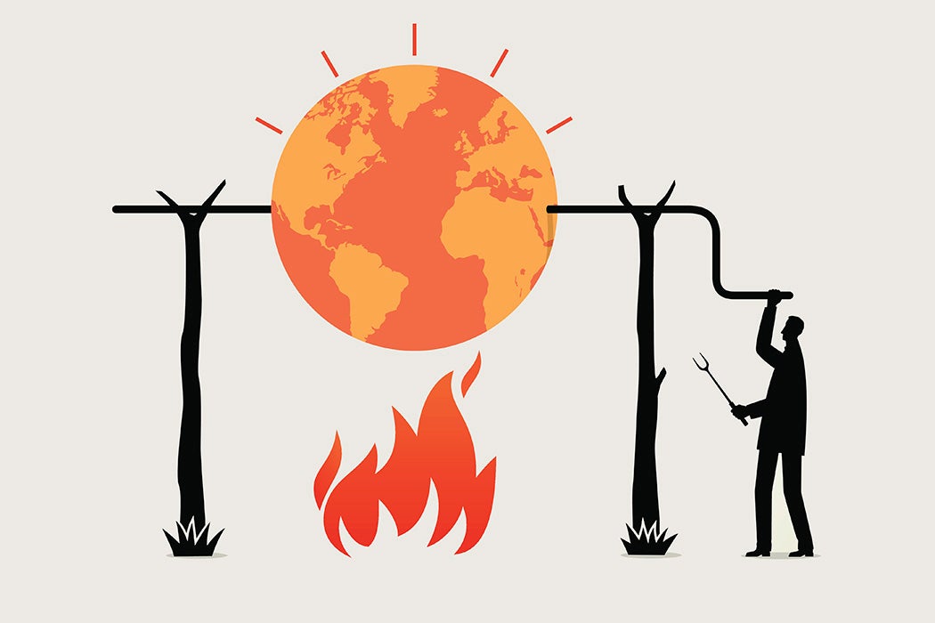 An illustration of a globe being heated over a fire on a spit