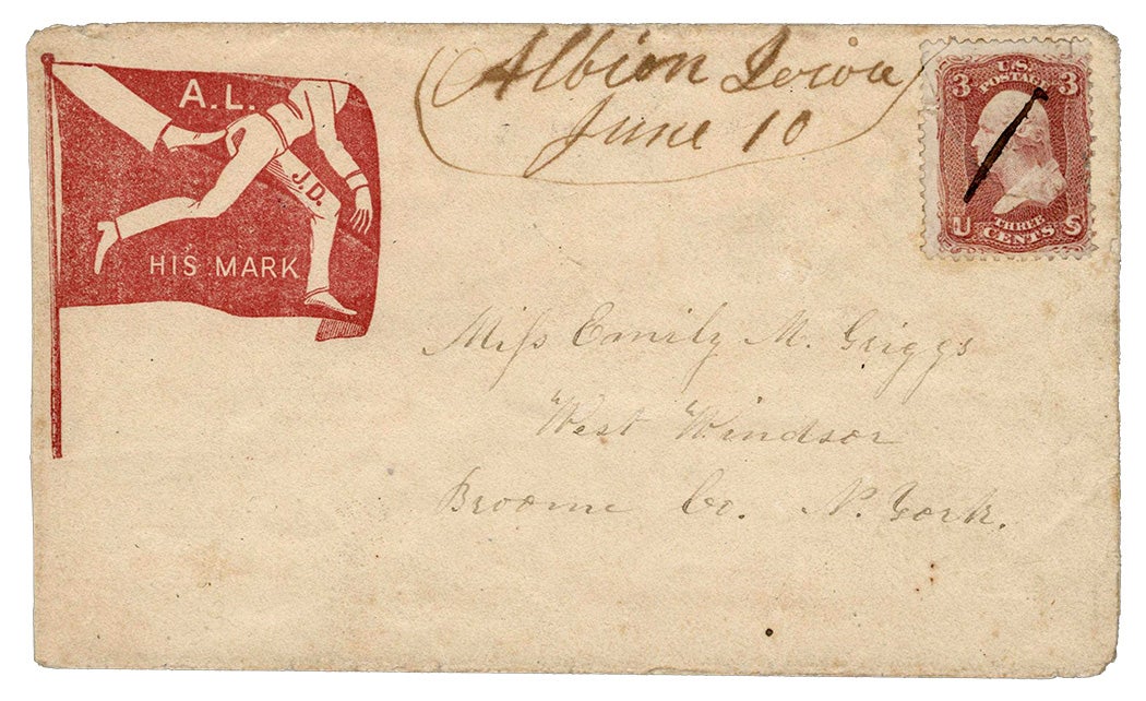 Design shows flag with foot and A.L. (Abraham Lincoln) kicking the rear end of J. D. (Jefferson Davis), "His Mark." Addressed, stamped and canceled envelope. handwritten note on verso, Answered June 26th, 1862.