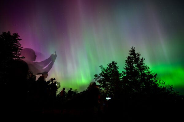 Onlookers gaze upon and photograph the Northern Lights at Chanticleer Point Lookout on the Columbia River Gorge in the early morning hours of May 11, 2024 in Latourell, Oregon