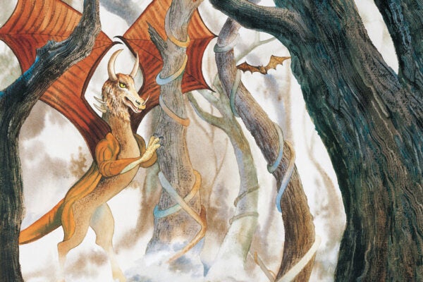 A watercolor Jersey Devil depicts the popular and well known legendary character that has haunted the Jersey Pine Barrens since colonial times. The Jersey Devil is described as having the head and neck of a horse with the horns of a bull, wings of a bat, tail of a serpent, talons of an eagle and cloven hooves of a goat.