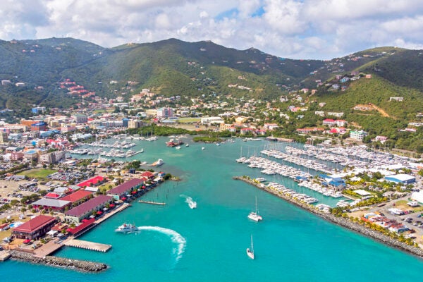 Aerial view towards waterfront of Road Town, Tortola