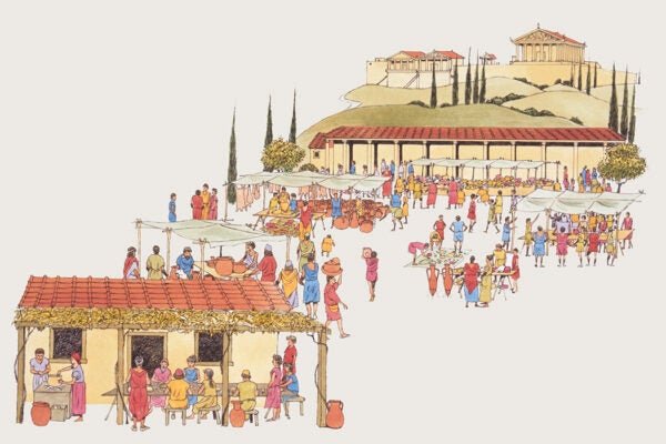 Illustration of ancient Greek market with Acropolis in background