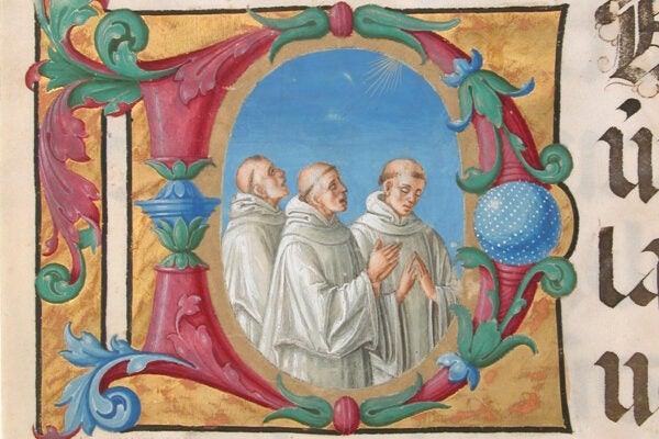 Manuscript Illumination with Singing Monks in an Initial D, from a Psalter