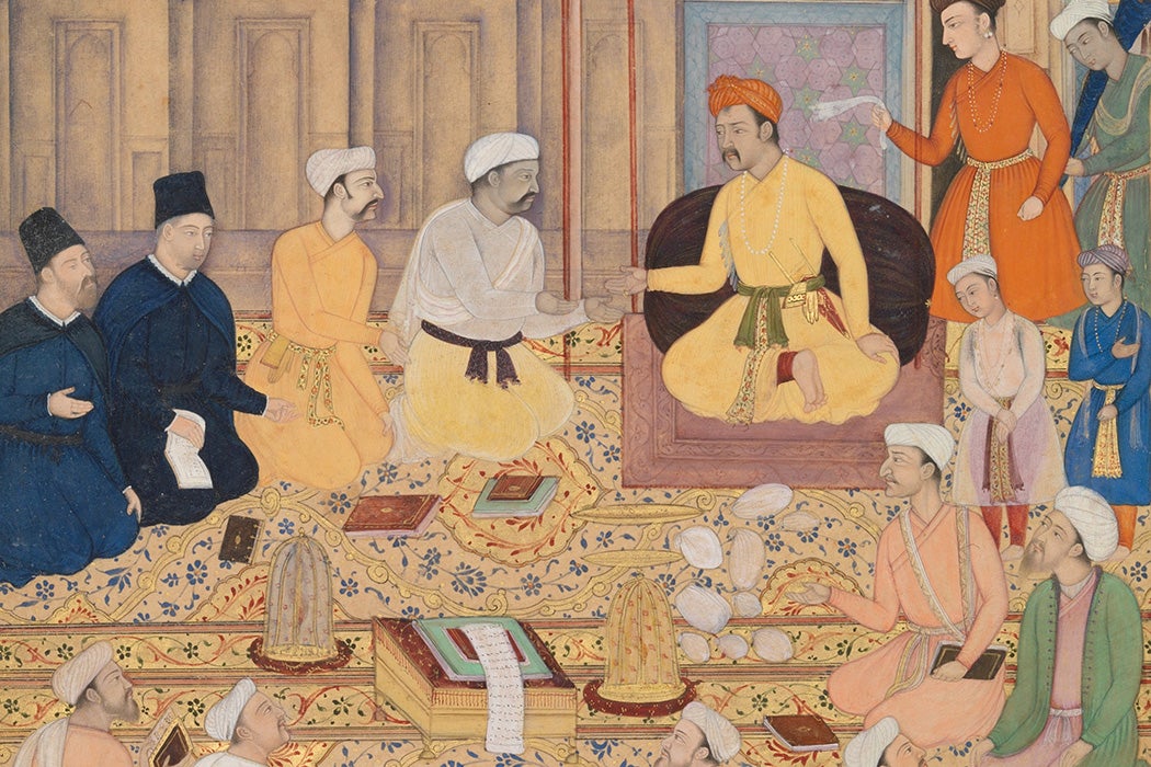 Akbar and the Jesuits. Miniature from Akbarnama by Narsingh, c. 1600-03.