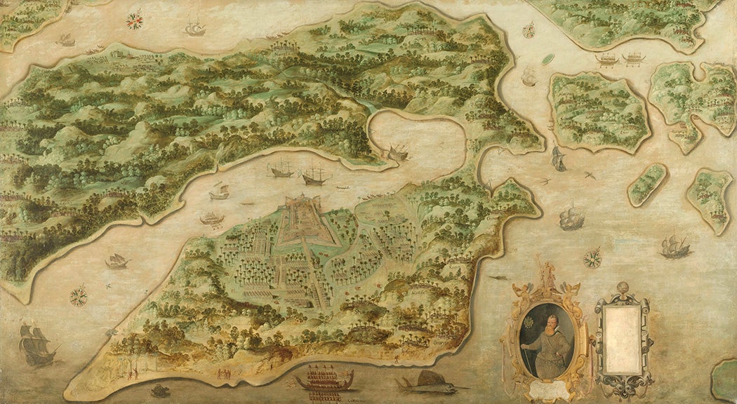 “View of Ambon” (Gezicht op Ambon), ca. 1617, oil on canvas. Rijskmuseum (Wikipedia Commons)