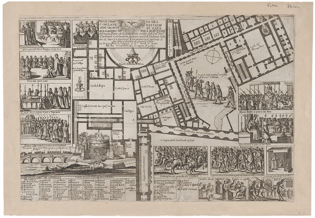 Papal conclave following the death of Pope Alessandro VII, with an iconographic map of Vatican City and scenes of the funeral, procession, and election of the new pope