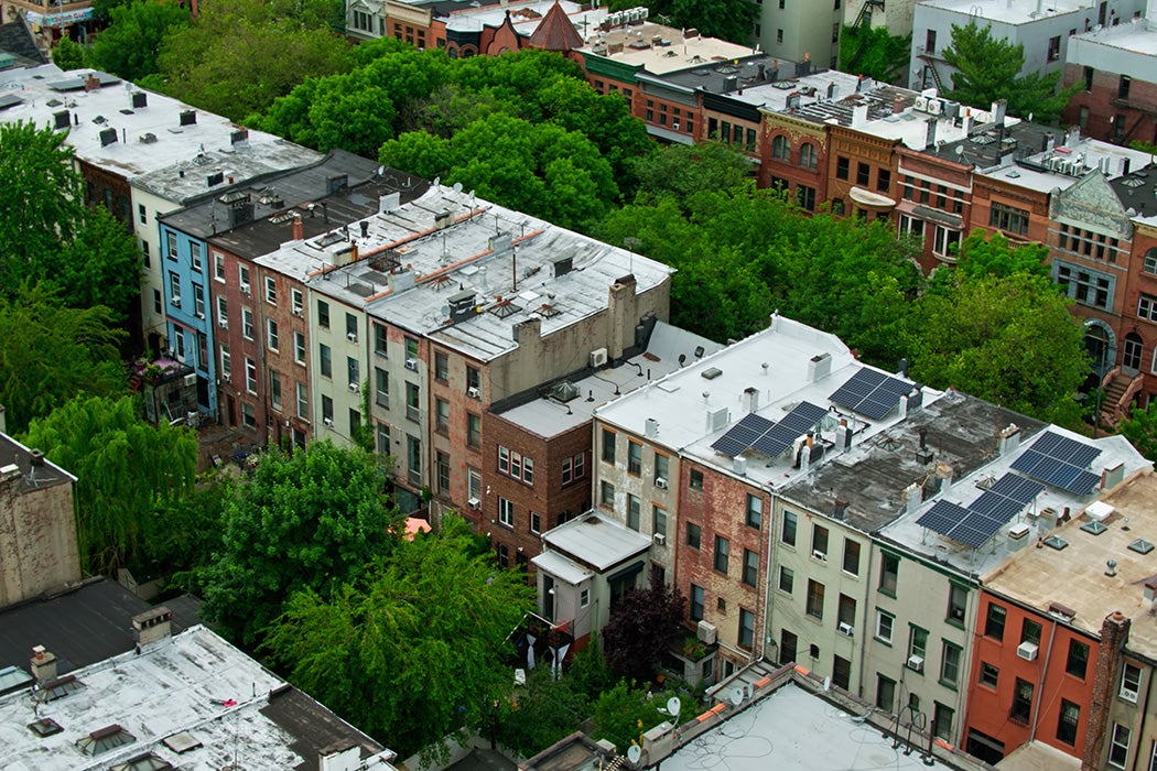 Aerial shot of Brooklyn, New York city on an overcast day in summer, taken from over the Bedford-Stuvesant neighborhood.