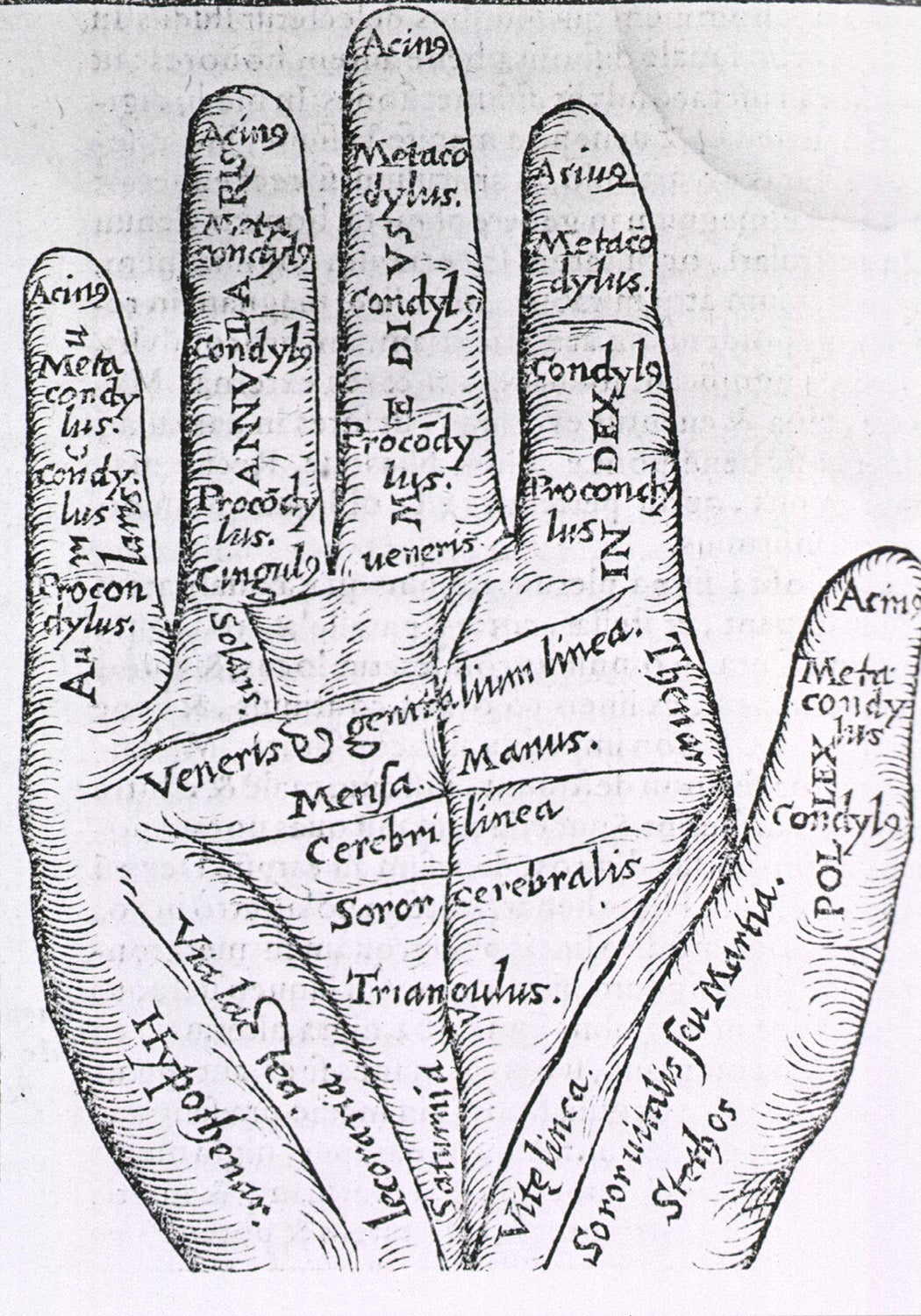 The palm of a hand with the lines and the various zones of the fingers identified, 1558