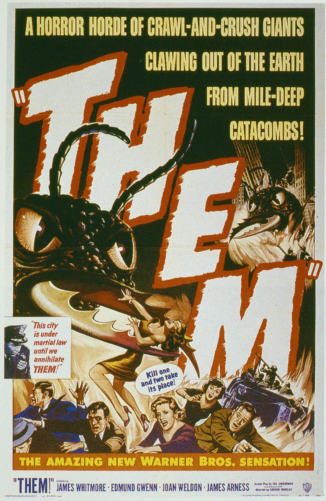 A poster for the Warner Bros. film 'Them!', featuring giant mutant killer ants, 1954