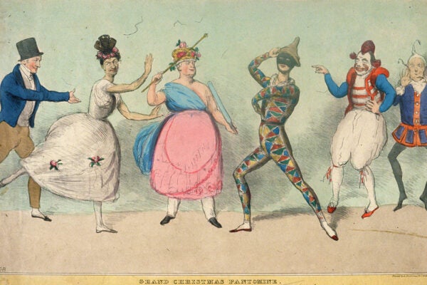 A clown and a harlequin are amongst the characters portrayed by King William IV (1765 - 1837), Lord Broughan, Lord Gray and Lord Eldon at a royal Christmas pantomime.