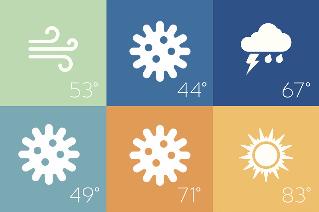 Weather and virus symbols in a forecast illustration