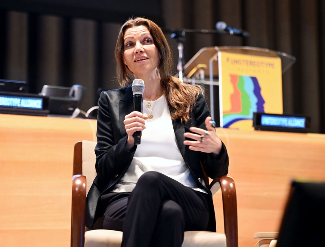 Elif Shafak speaks at the Unstereotype Alliance Global Member Summit 2024 at United Nations Headquarters on February 14, 2024 in New York City. Noam Galai/Getty