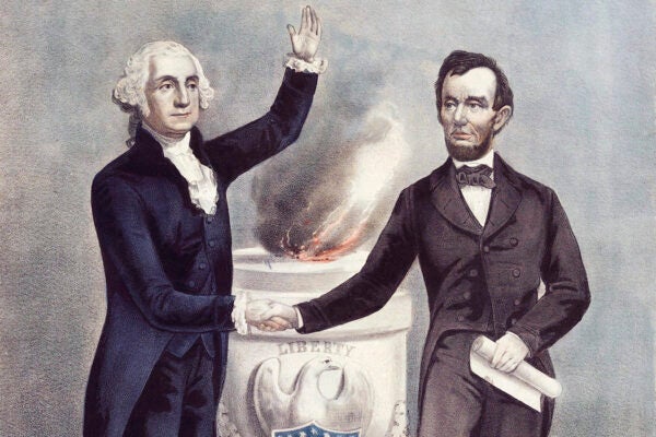 Vintage American History print of President George Washington and President Abraham Lincoln shaking hands