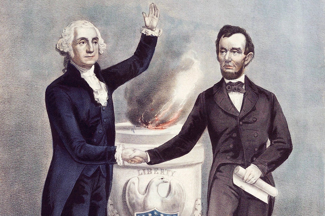 Vintage American History print of President George Washington and President Abraham Lincoln shaking hands