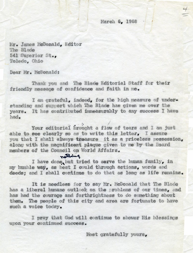 Letter from Ella to James McDonald, Editor of The Blade, March 6, 1968.