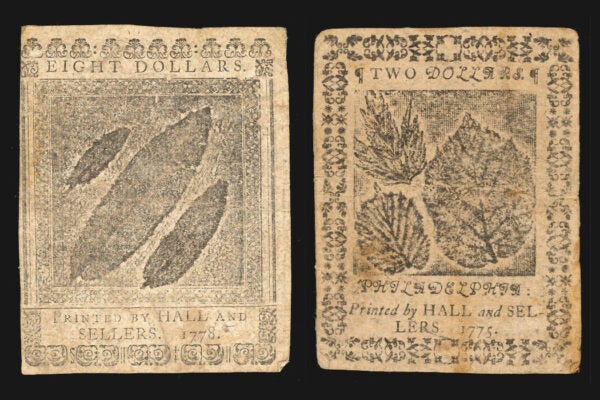 Currency with nature prints of leaves from 1775 and 1778