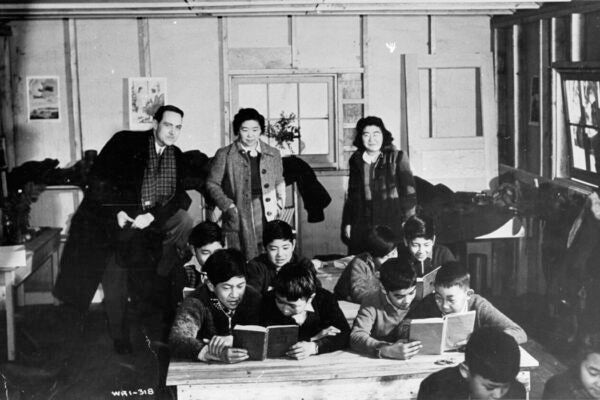 Government official meeting Hide Hyodo Shimizu's class at New Denver Internment Camp school, New Denver, British Columbia