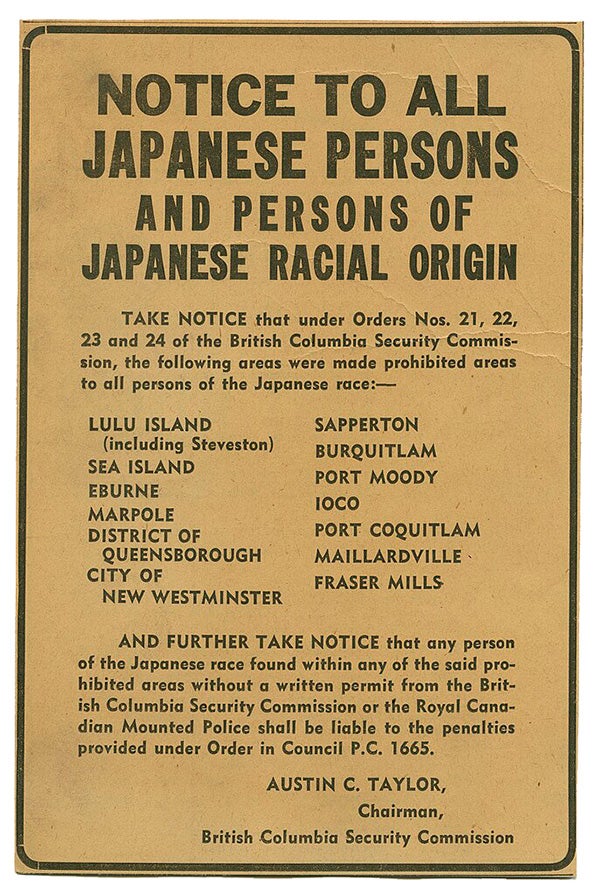 Japanese Canadian relocation from the B.C. Coast - notice in newspaper