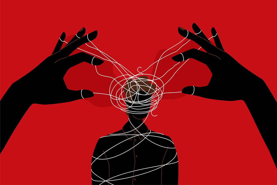 Gaslighting illustration concept with two hands with tangled string over someone's head