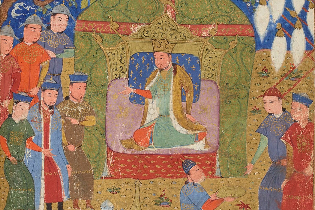 Temüjin being proclaimed as Genghis Khan in 1206, as illustrated in a 15th-century Jami' al-tawarikh manuscript.