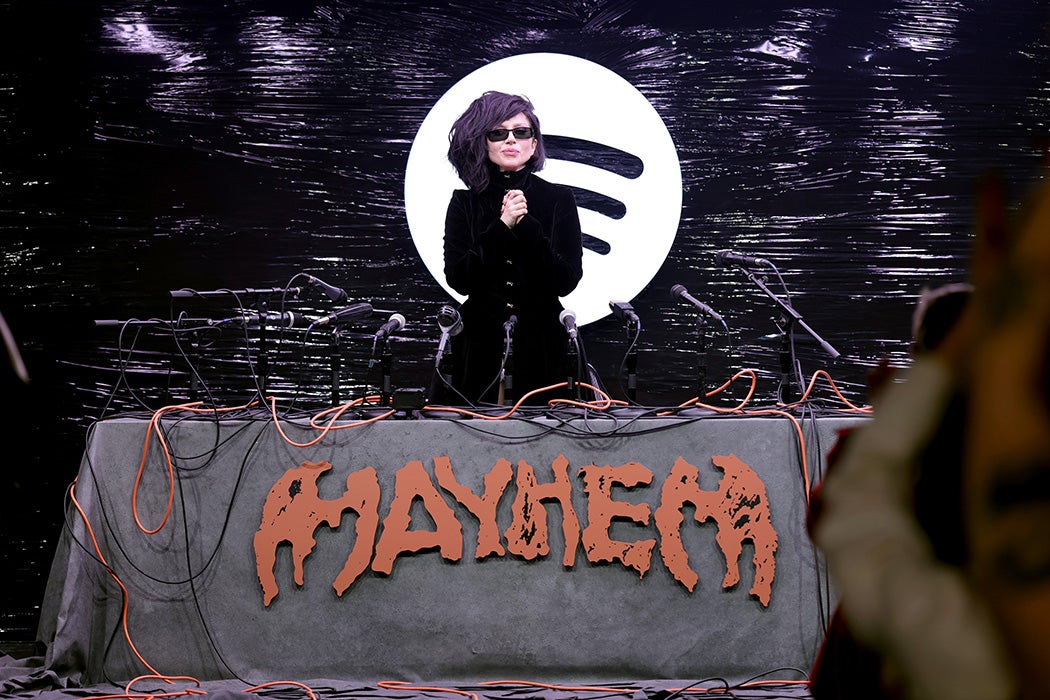 Lady Gaga speaks during the Spotify: Little Monster Press Conference in New York City, March 2025