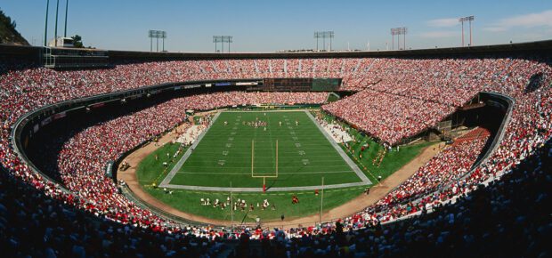 Wide lens view of a football stadium