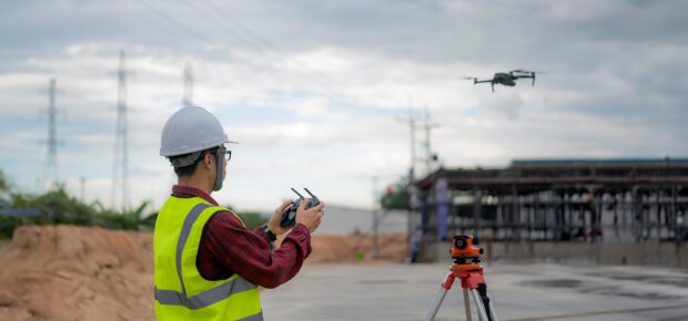 Asian construction worker piloting drone at building site.