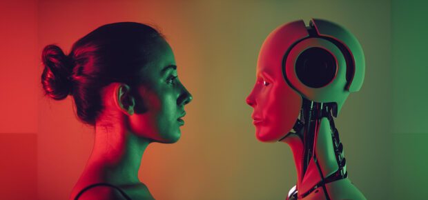 Robot and young woman face to face.