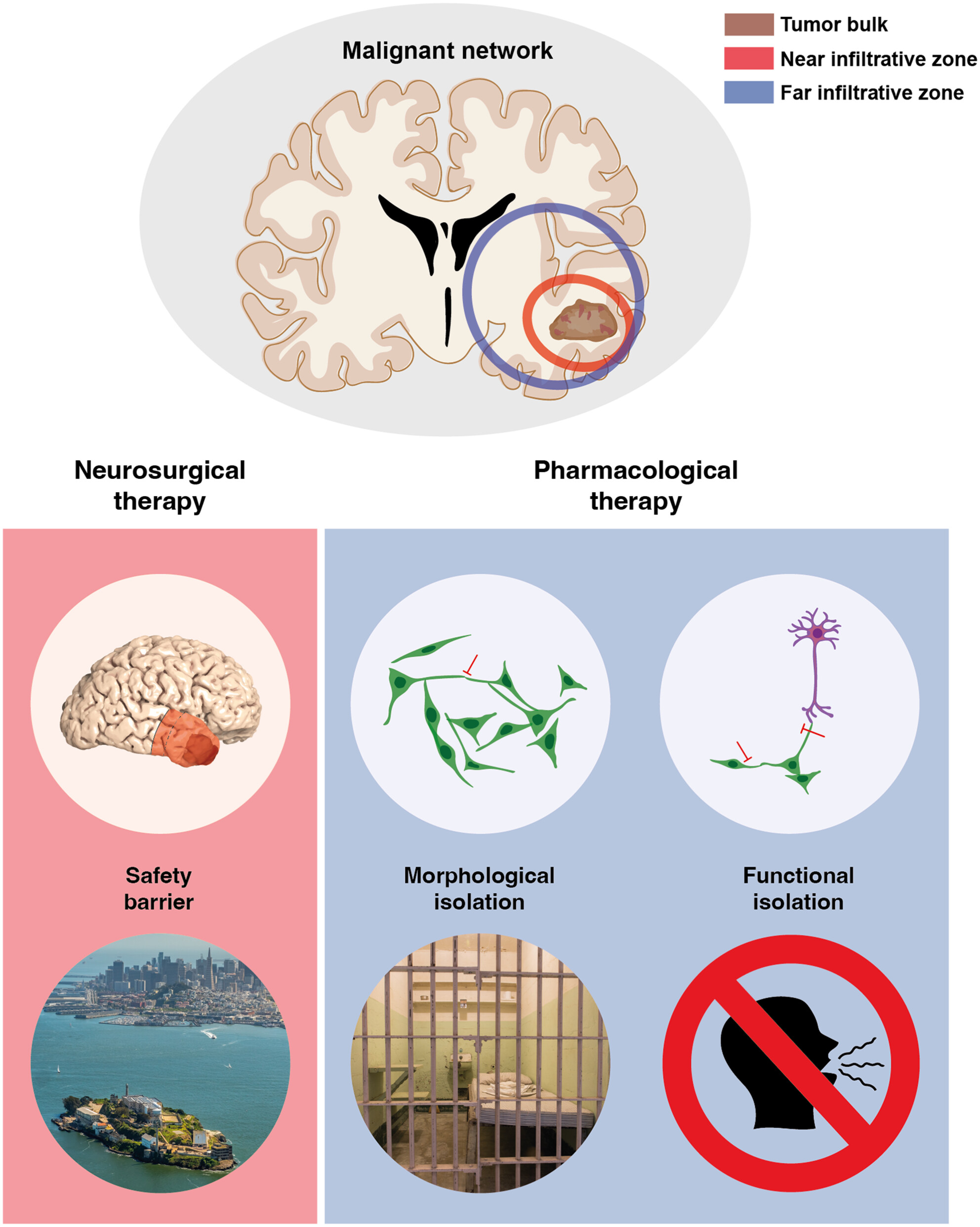 The Alcatraz-Strategy: a roadmap to break the connectivity barrier in malignant brain tumours
