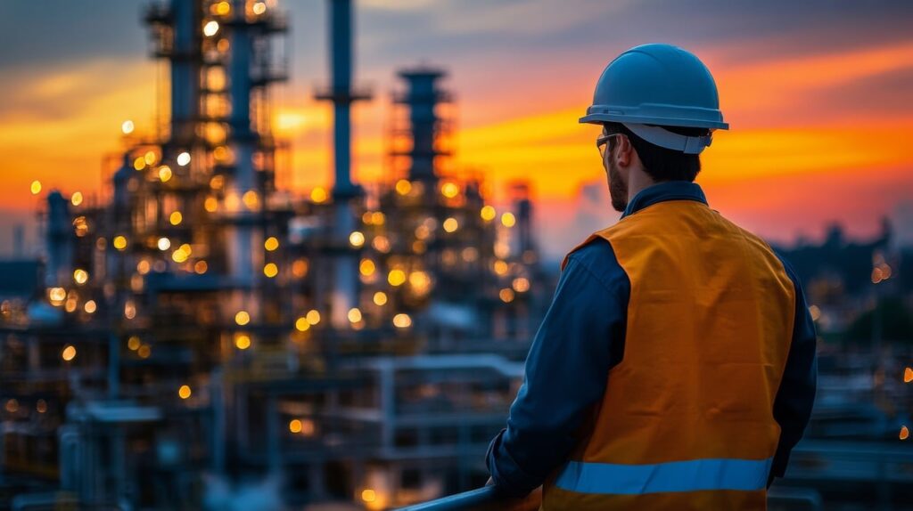 image of engineering standing in front of industrial power plant