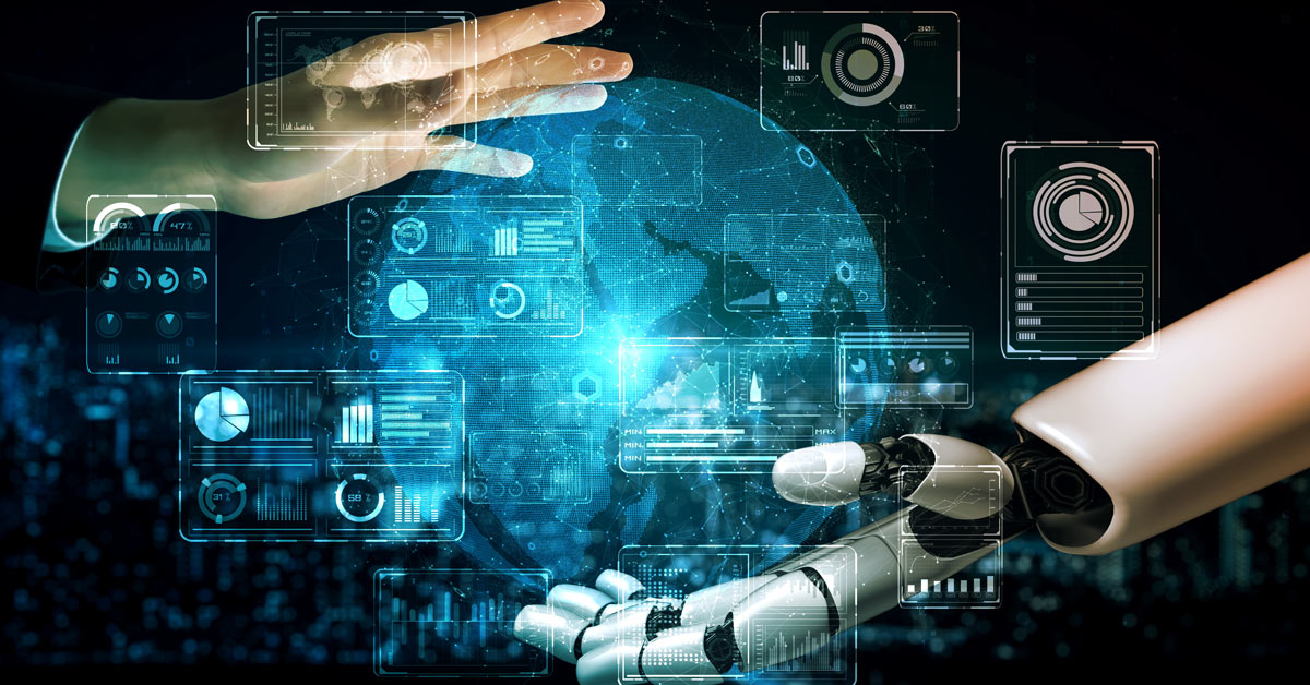 Graphic of human hand and robotic hand around a globe