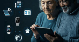 Retired couple on tablet with icons of modern technology.