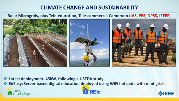 Banner with examples of solar microgrids, tele-education in Cameroon.