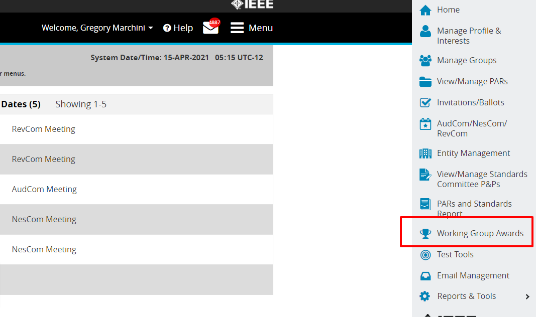 Working Group Awards Menu Item